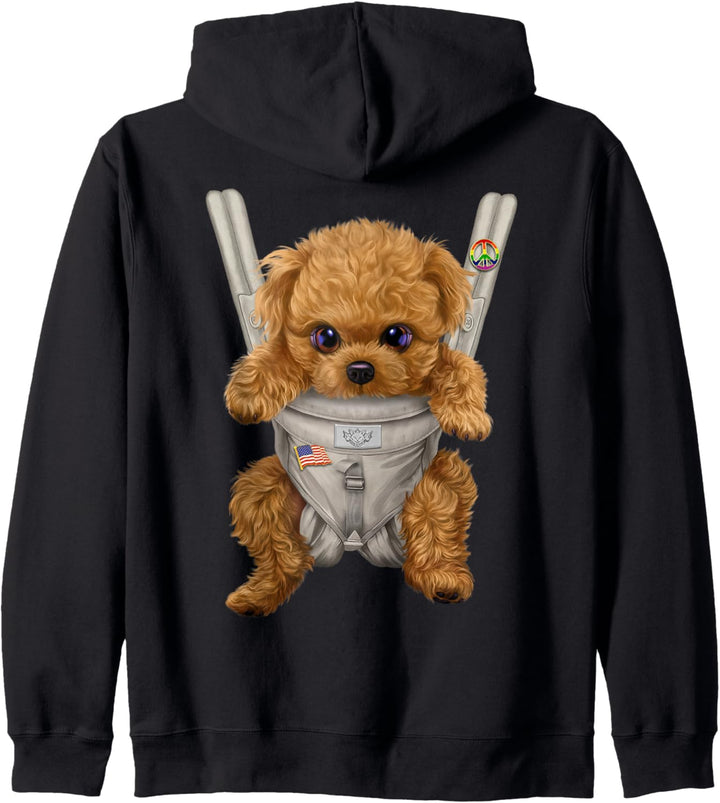 Brauner Pudelhund in der Babytrage Kapuzenjacke