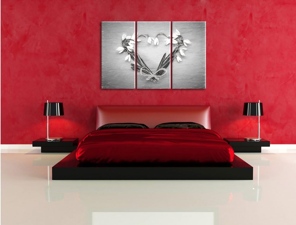 Pixxprint Herz aus Blumen Kunst / 3-Teilig/Gesamtmass 120cm Leinwandbild bespannt auf Holzrahmen/Wan