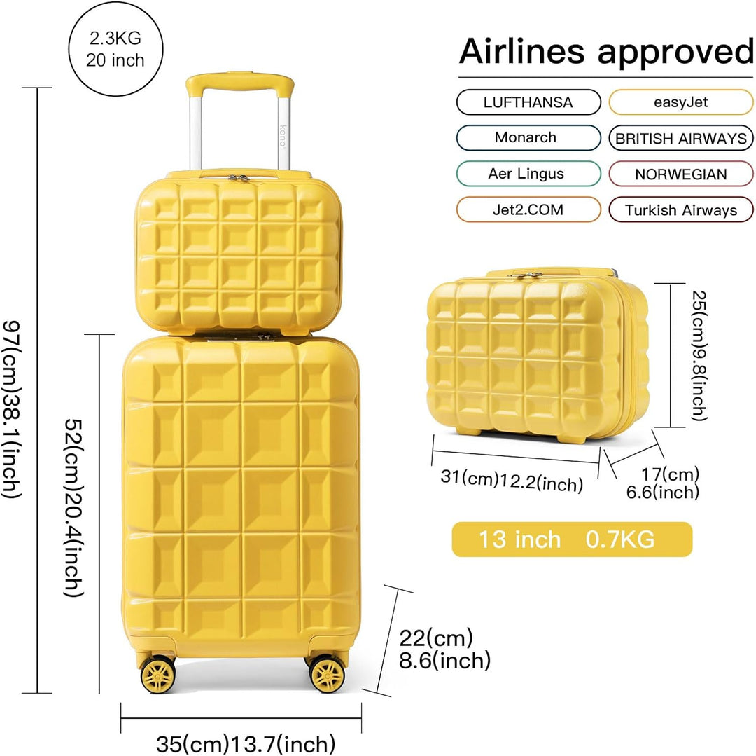 KONO Gepäck-Sets Kofferset 2 Teilig Handgepäck Koffer mit Beautycase (54cm+Kosmetikkoffer, Gelb) Gel