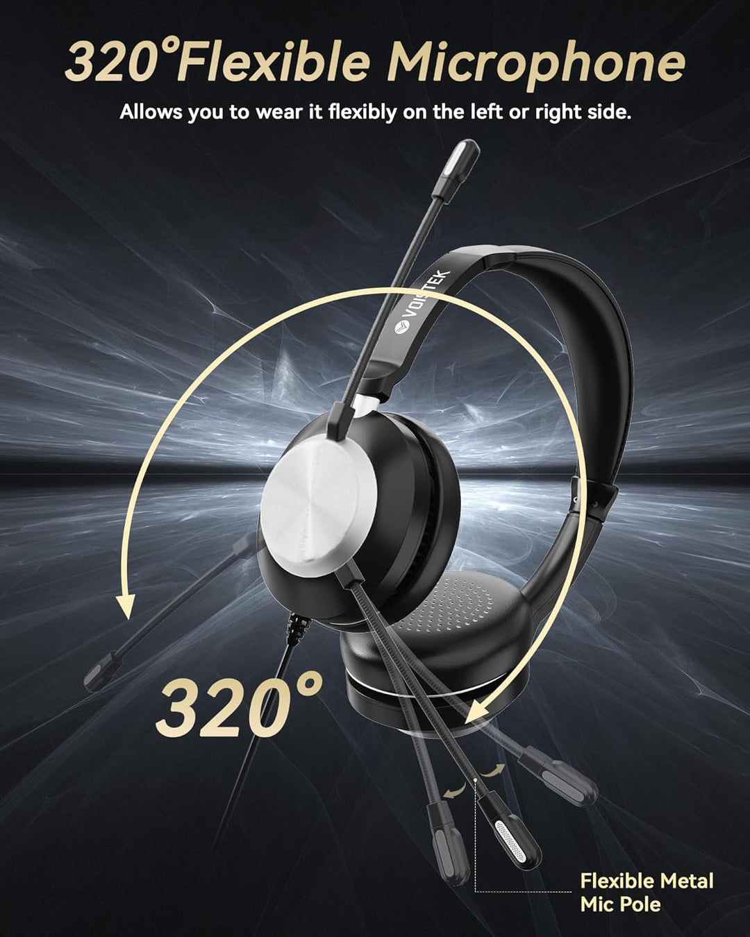 Voistek USB Headset mit Mikrofon für PC Laptop,Typ-C,USB & 3,5mm Klinke 3-in-1 Kabel-Kopfhörer,Geräu