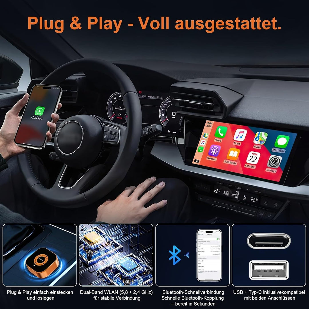 Wireless CarPlay Adapter 4-in-1: CarPlay Kabellos Android Auto Wireless AirPlay &amp; Miracast – Dualban