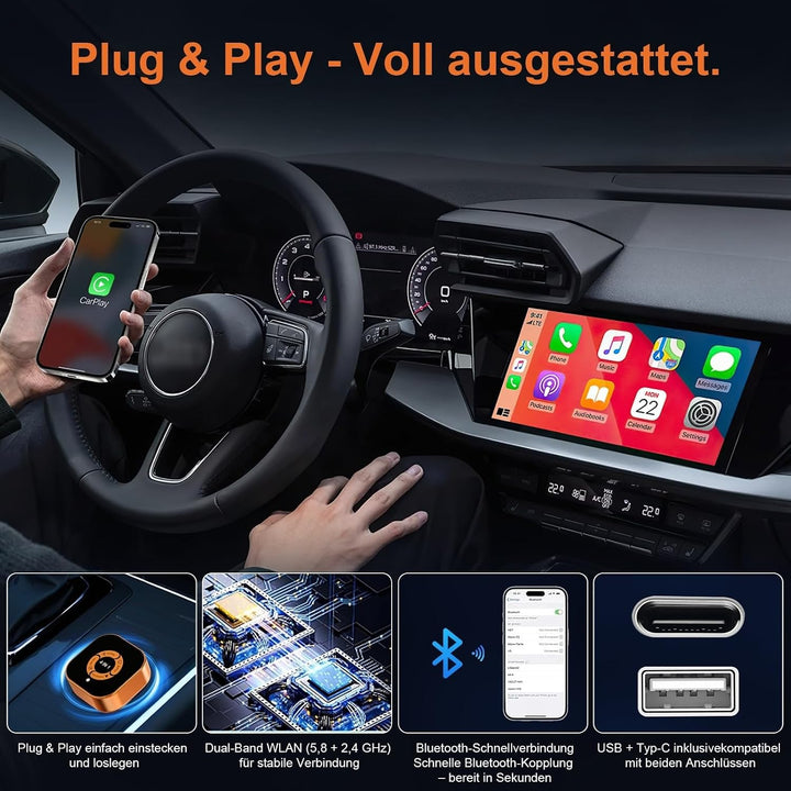 Wireless CarPlay Adapter 4-in-1: CarPlay Kabellos Android Auto Wireless AirPlay &amp; Miracast – Dualban