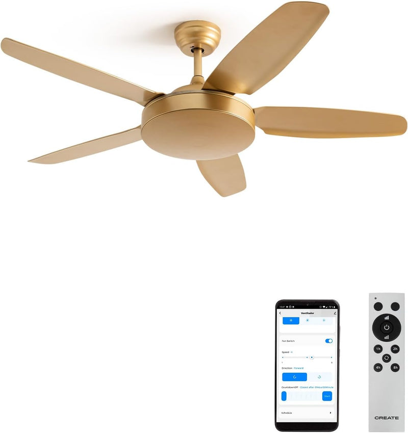 CREATE / WINDLIGHT FLAT/Deckenventilator Gold mit Fernbedienung / 40W, WLAN, Leise, Ø132cm, 6 Geschw