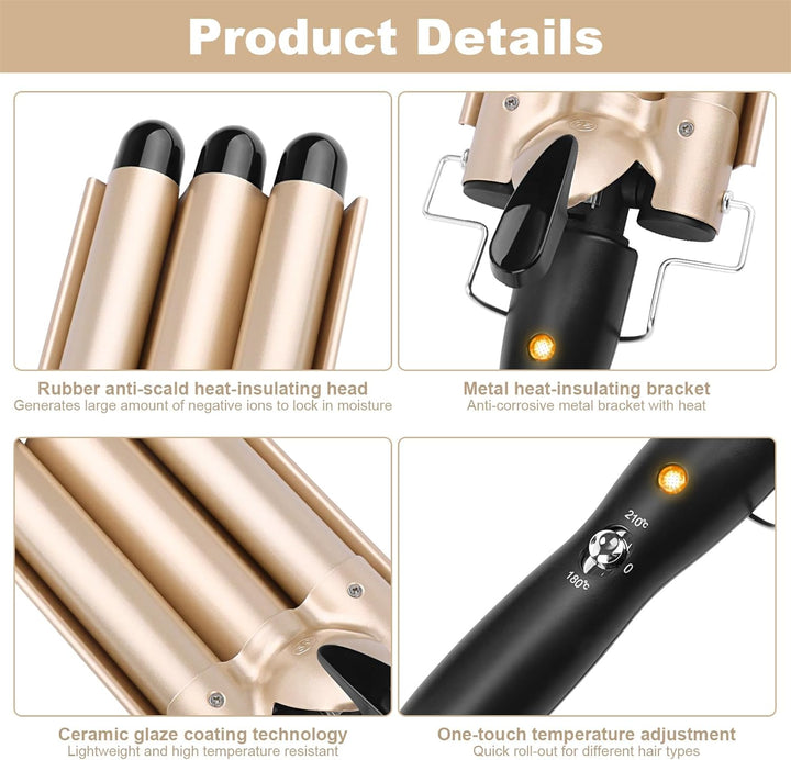 Welleneisen für Haare,lockenstab mit 3 Fässer stäben mit einstellbarer Temperatur,Welleneisen Locken