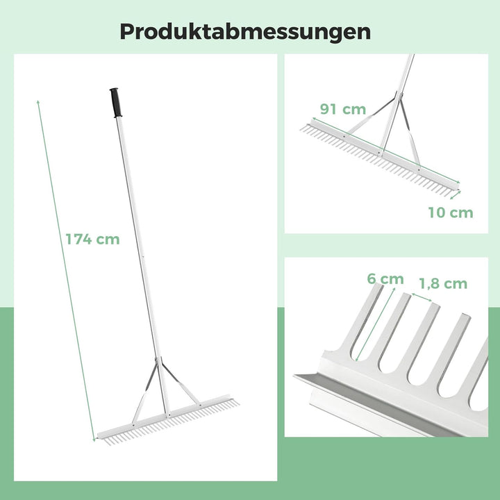 COSTWAY Rechen, Gartenrechen mit 91 cm Arbeitsbreite, 36 Zinken & 174 cm langem Griff, Laubrechen au