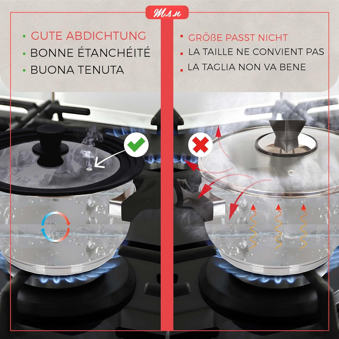 M.S.N 3er Set Universal Glasdeckel, 3-teilig, Töpfe und Pfannen 16/18/20 cm & 24/26/28 cm & 28/30/32