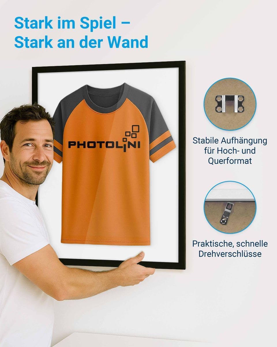 PHOTOLINI Bilderrahmen Trikotrahmen Fussball 70x90, Schwarzer Bilderrahmen für Trikot, Rahmen Trikot