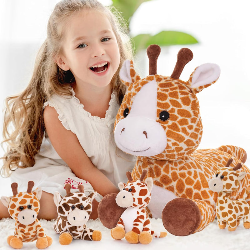 MorisMos 55cm lang riesen Giraffe Kuscheltier gross, Giraffe Stofftier XXL mit 4 Plüschbaby im Bauch