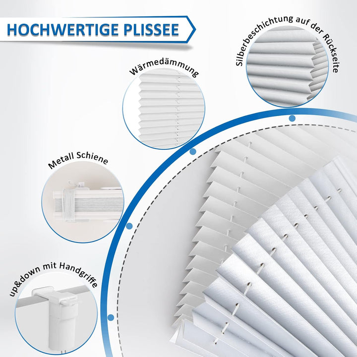 Plissee ohne Bohren Verdunkelung Plissees Klemmfix 35x80cm(BxH) Weiss 100% Blickdicht Verdunklungspl