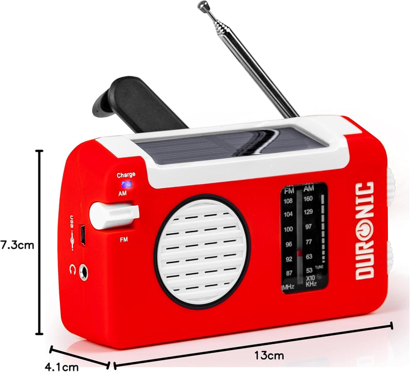 Duronic Hybrid Radio AM/FM - Aufladbar mit Solar, Kurbel und USB - 300mAh Akku - Bis zu 7h Musik mit