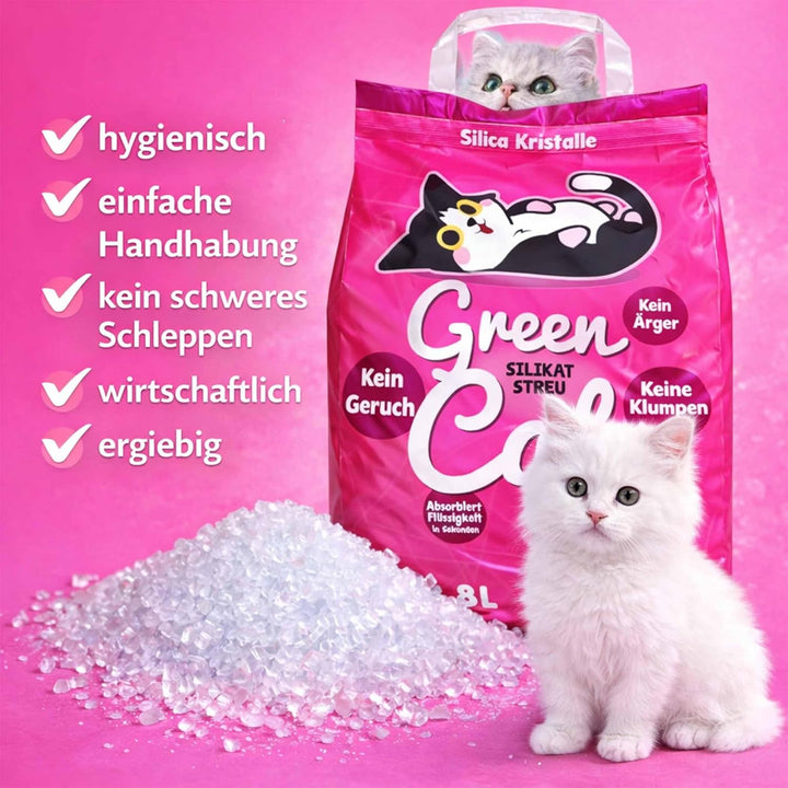GreenCat Silicat 8x8 Liter (64 Liter) Silikat Katzenstreu |100% Kieselgel | Keine Klumpenbildung | N
