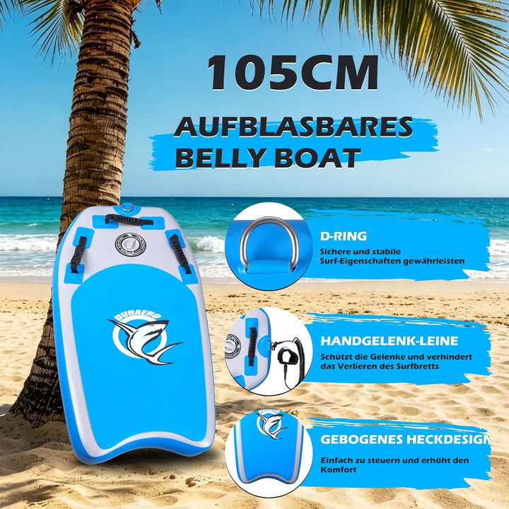 DURAERO Aufblasbares Bodyboard 105 x 53 x 10 cm, Boogie Board für Kinder und Erwachsene, mit 3 siche