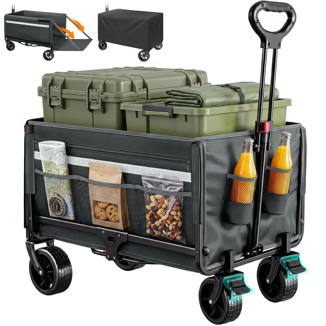 Bollerwagen Faltbar 120L+, Bis 150kg mit Heckklappe, Regenschutz, Bremsen | Reflektorstreifen, Stran