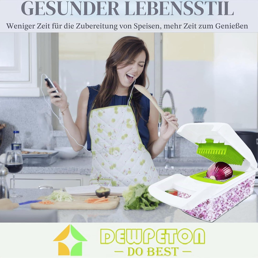 Gemüseschneider Gemüsehobel Reibe Zwiebelschneider Mandoline Dicer Chopper, Weiss 10 Klinge
