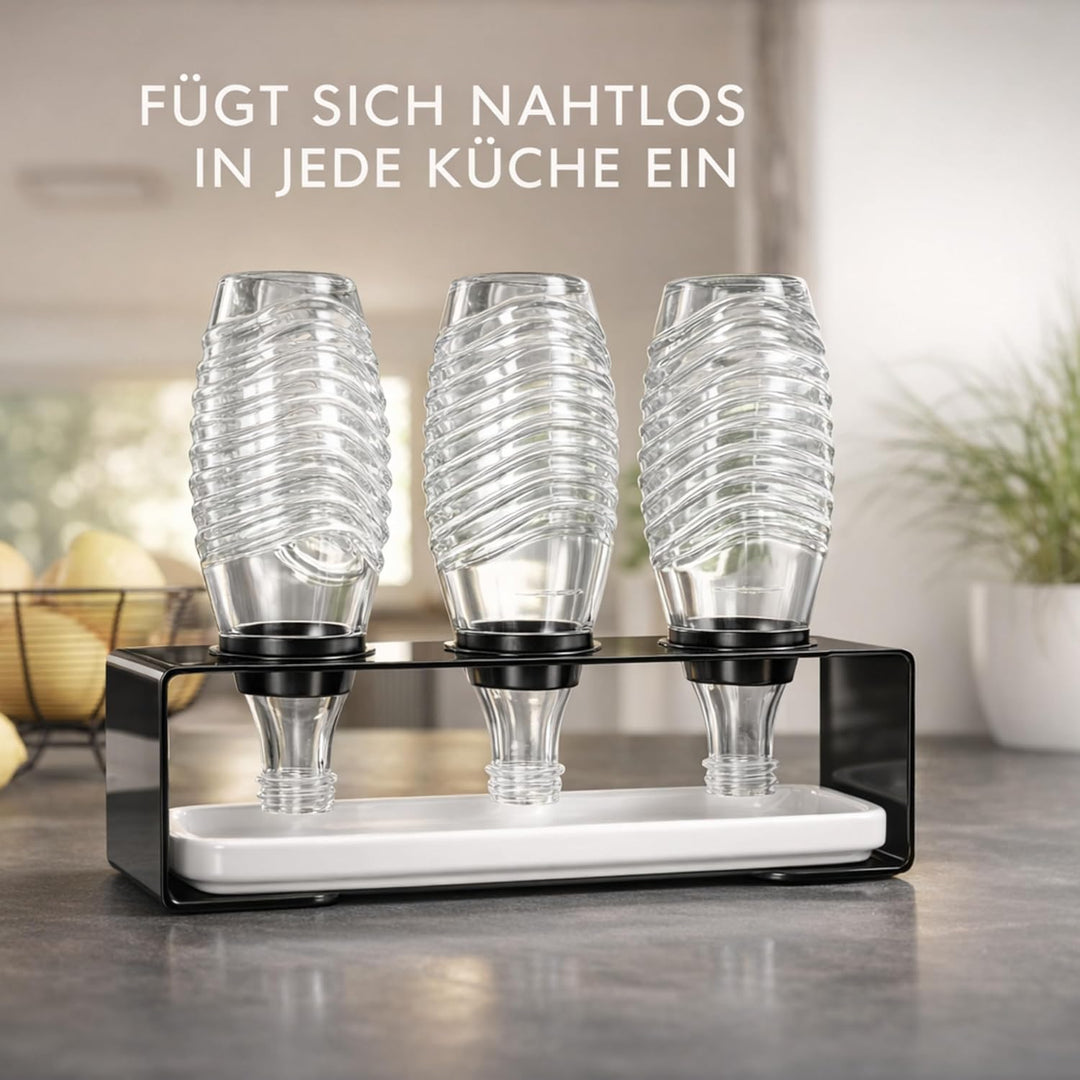 Panteer ® Flaschenhalter für SodaStream Flaschen - Abtropfhalter aus Edelstahl mit Keramikschale ink