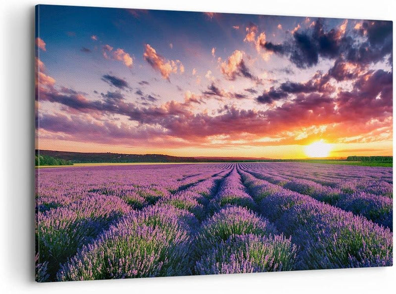 Bilder auf Leinwand 100x70cm Leinwandbild mit Rahmen Lavendel Berge Feld Gross Wanddeko Bild Schlafz