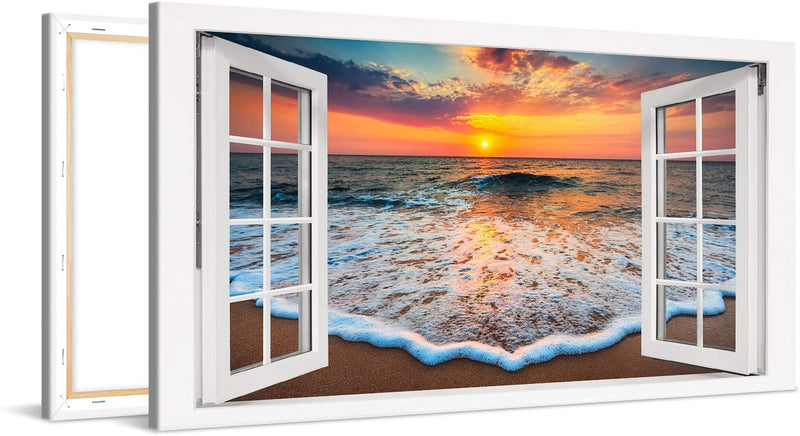 PICANOVA – Bild auf Leinwand Sonnenuntergang am Meer Fenster 100x50cm – Leinwandbild – Premium Leinw