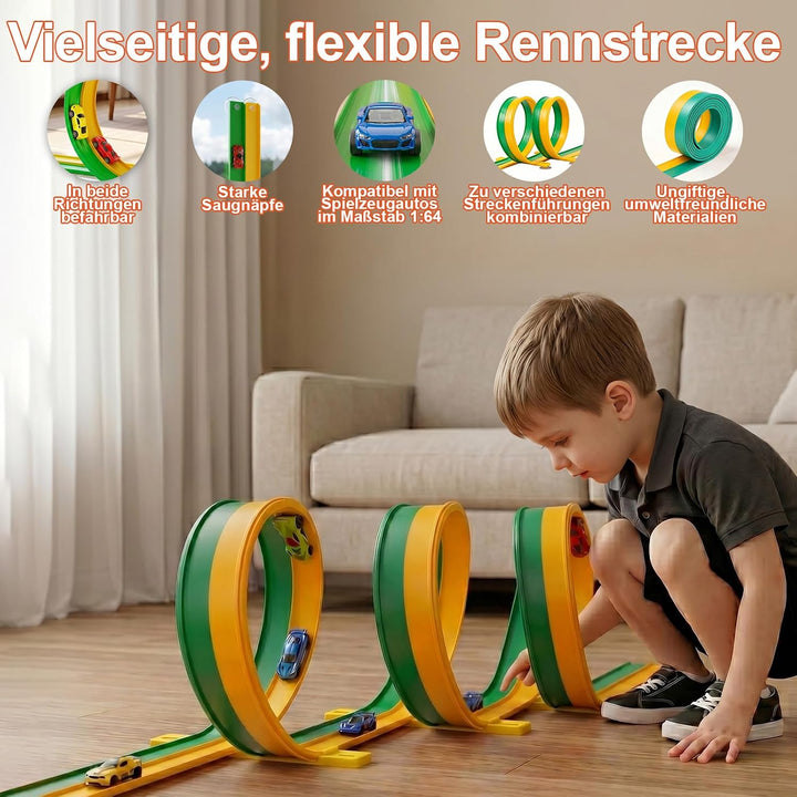 Flexible Autorennbahn Kinder - 5M Autorennbahn Spielzeug aus Silikon mit Saugnapf, 4 Spielzeugautos,