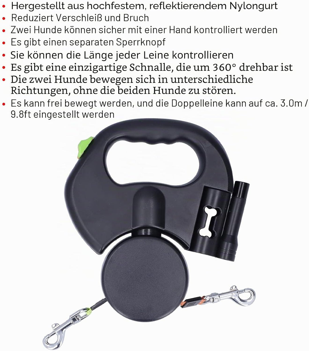 HEEPDD Einziehbare Hundeleine, Erweiterbar, 1 Schleppseil, 2 Automatische Doppel-Hundeleine mit Refl