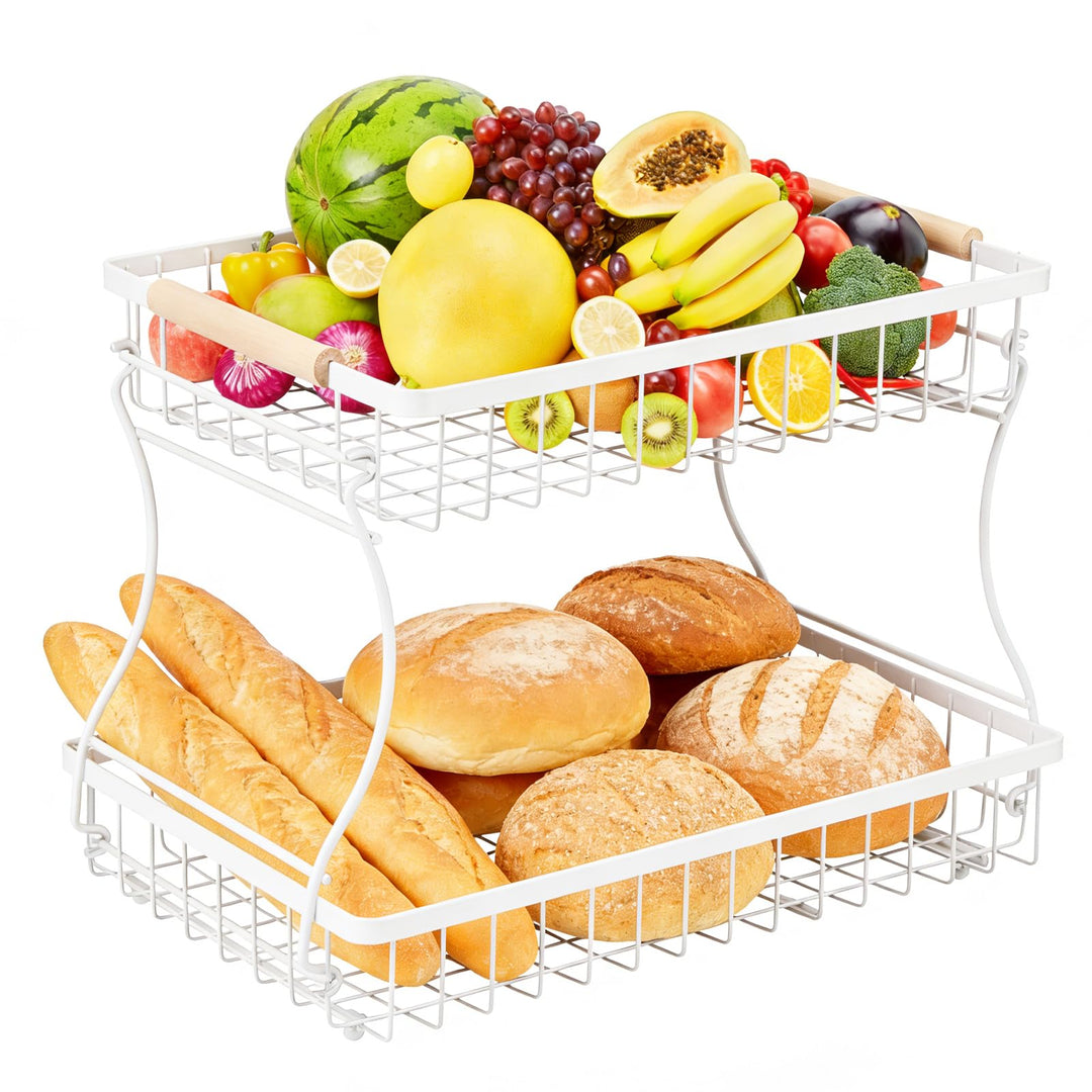 VINATO Obstkorb, Obst Etagere 2 Stöckig mit Holzgriffen für Küche, Bad & Mehr – Obstständer, Gemüse