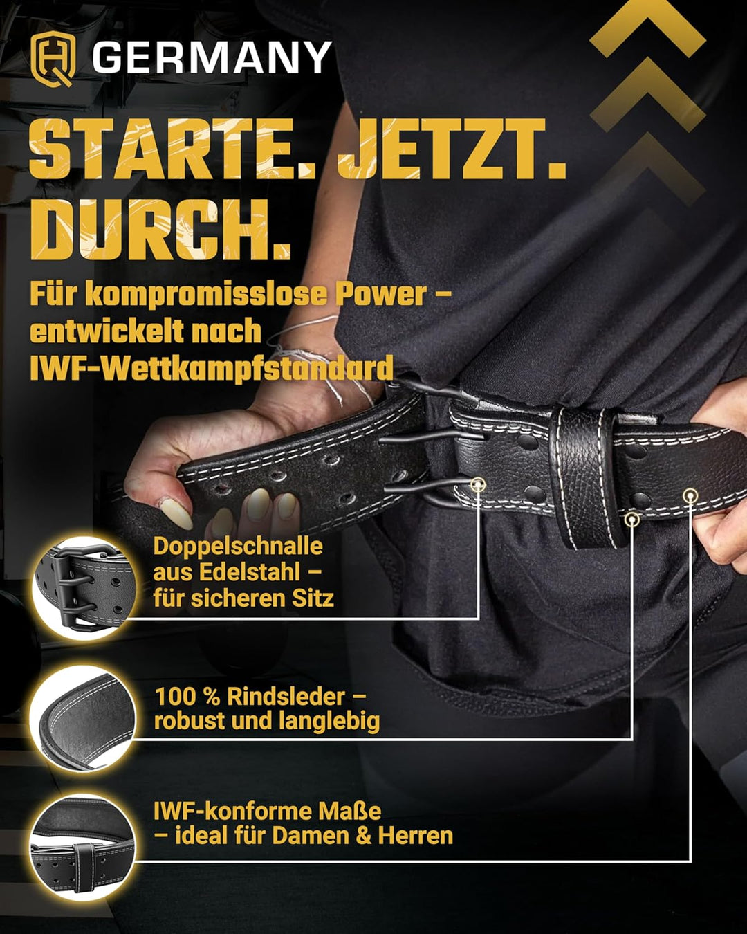HQ Germany® Gewichthebergürtel [S/M/L/XL] - 100% Rindsleder, 100% Edelstahl - Weight Lifting Belt, G