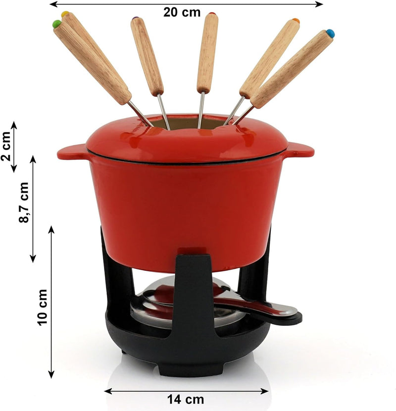 BBQ-Toro Gusseisen Fondue Set für 6 Personen | 1 Liter | Fondueset 13 teilig mit Brenner und Gabeln