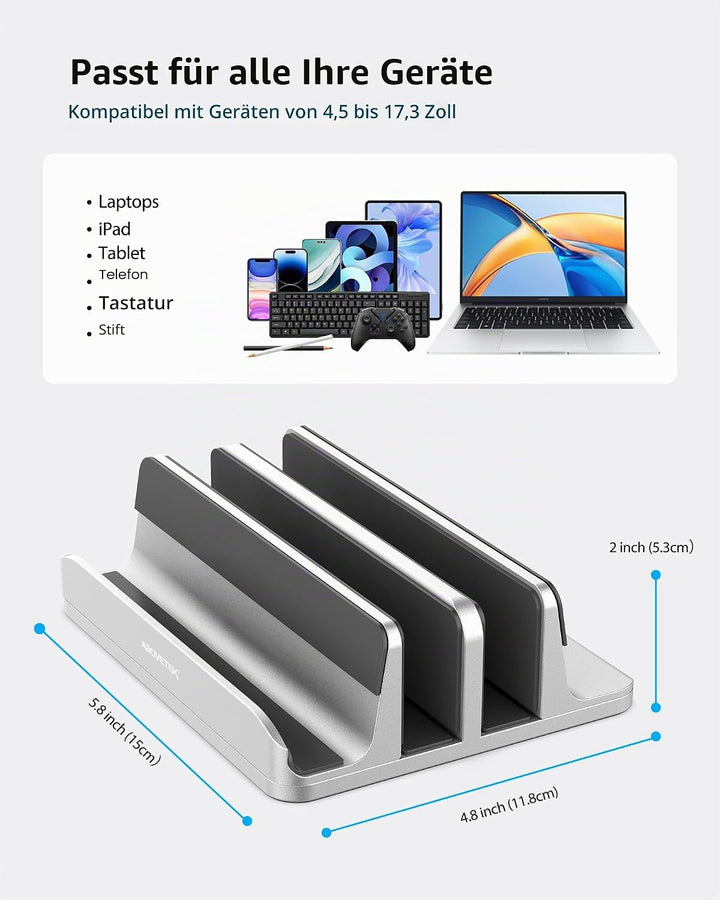 AboveTEK Vertikaler Laptopständer Aluminium, Laptophalter für Laptop bis zu 17,3 ", Aluminium 4 in 1