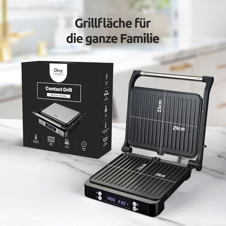 Olvy Sandwichmaker XXL, Digitaler Kontaktgrill mit Antihaftplatten, 3-in-1 Panini Maker, 180° offene