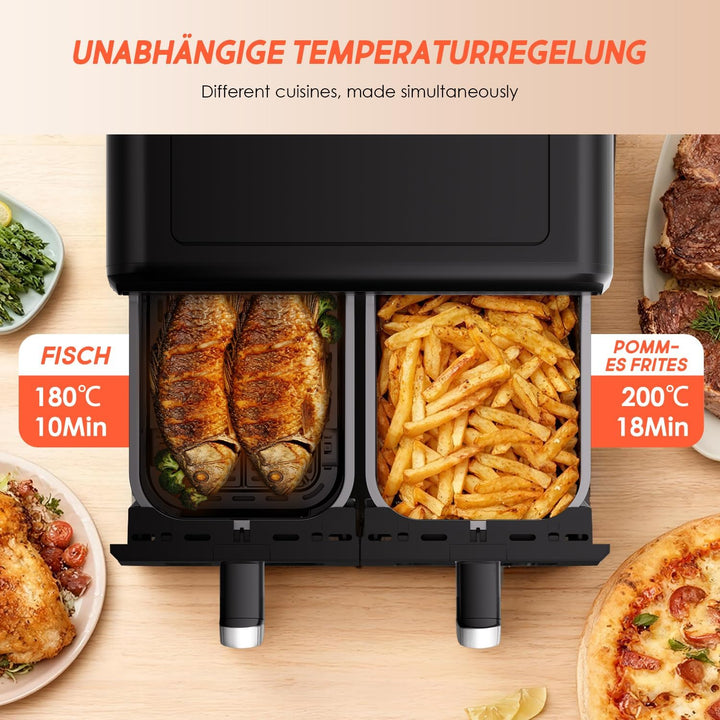 Airfryer,Heissluftfritteuse mit Sichtfenster,Heissluftfritteuse 2 kammern,Match & Synchronisierungsf