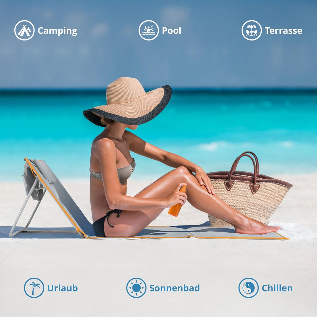 Stagecaptain Beachmatte “Layla” - Gepolsterte Strandmatte mit Kopfkissen - Stufenlos verstellbare Rü