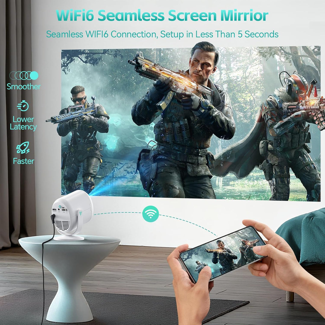 Mini Beamer, 1080P Projektor Tragbarer, 4K Mini Tragbarer Beamer mit WiFi 6 und Bluetooth 5.4, 270°D