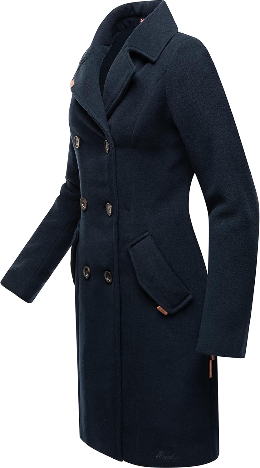 MARIKOO Damen Mantel in Wollmantel-Optik Langer Trenchcoat mit Reversekragen Nanakoo XS-5XL XS Navy,