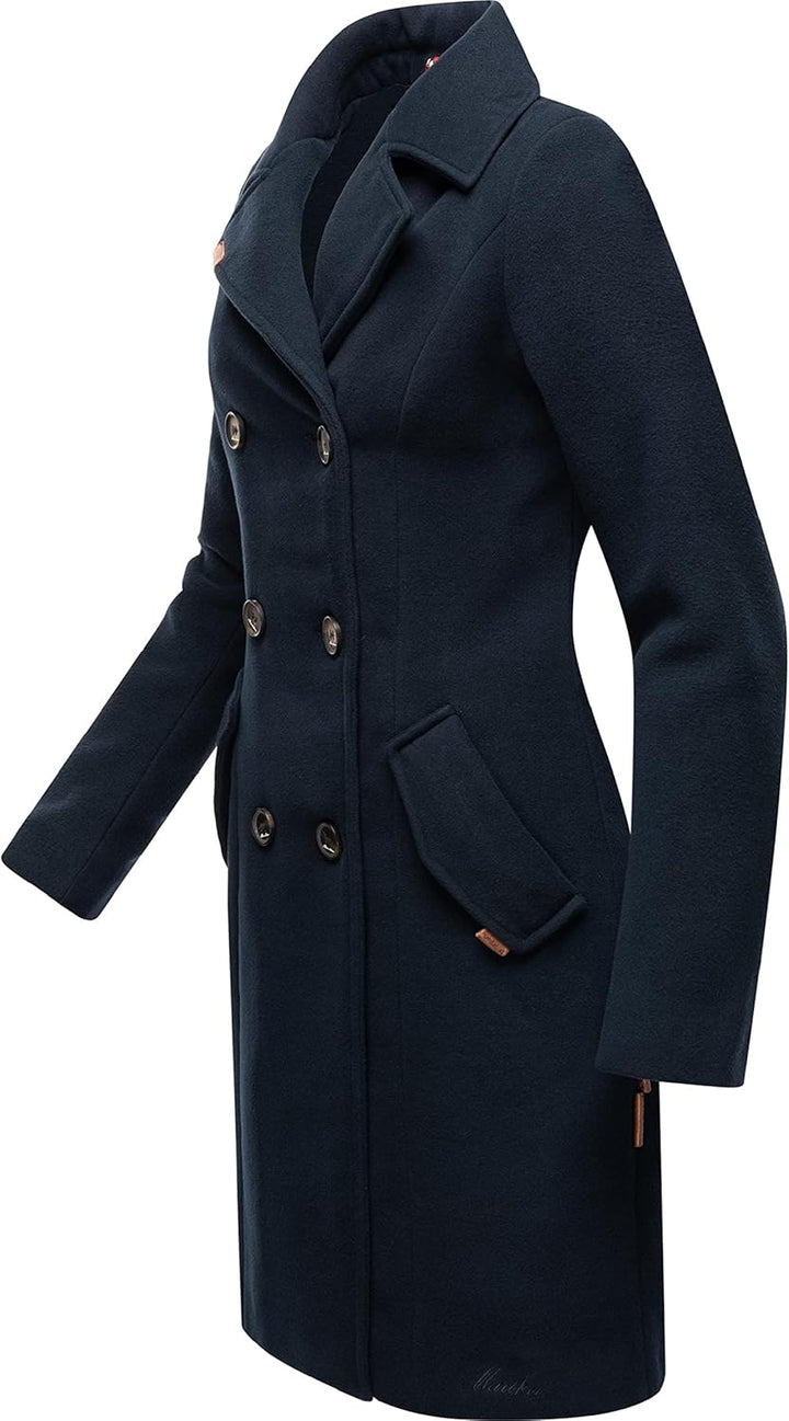 MARIKOO Damen Mantel in Wollmantel-Optik Langer Trenchcoat mit Reversekragen Nanakoo XS-5XL XS Navy,