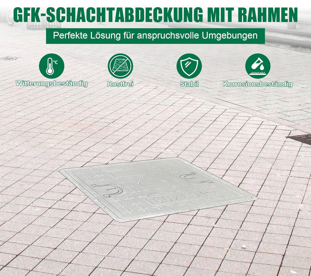 GFK-Schachtabdeckung mit Rahmen 600x600 mm/Deckel: 500x500 mm/Lichte Weite: 440x440 mm Revisionsscha