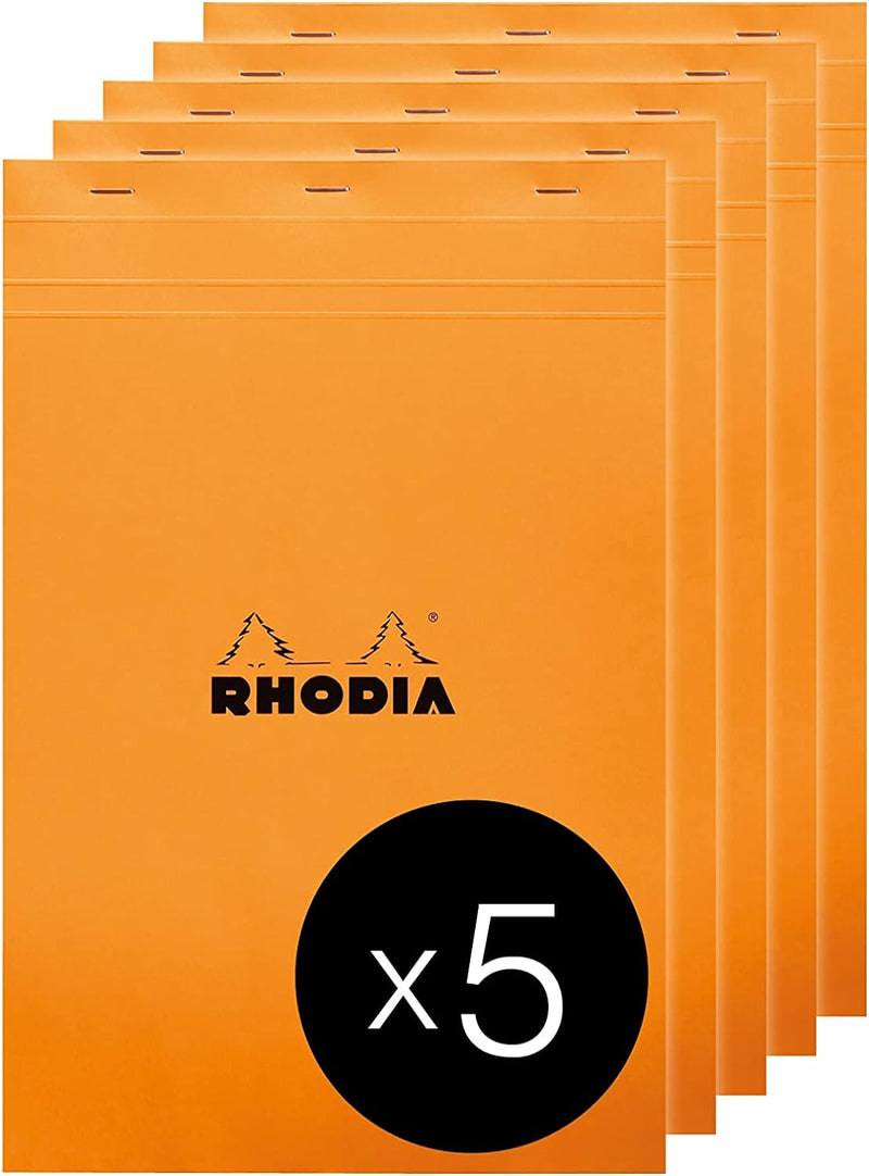 Rhodia 19200C - Packung mit 5 Notizblöcken geheftet No.19 A4+ 80 Blätter kariert 80, Orange, 1 Pack