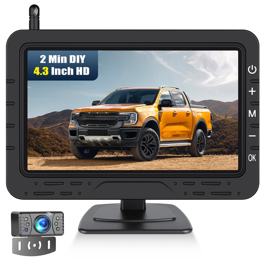 CAMECHO HD Rarückfahrkamera kabellos 4,3 Zoll Wireless-Übertragung, IP68-Wasserdichtigkeit, Infrarot