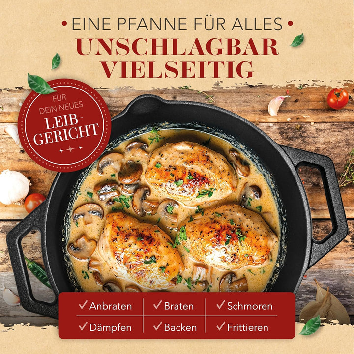KRUSTENZAUBER 32cm Gusseisenpfanne Induktion - Voreingebrannte Gusseisen Pfanne - Ideale Grillpfanne