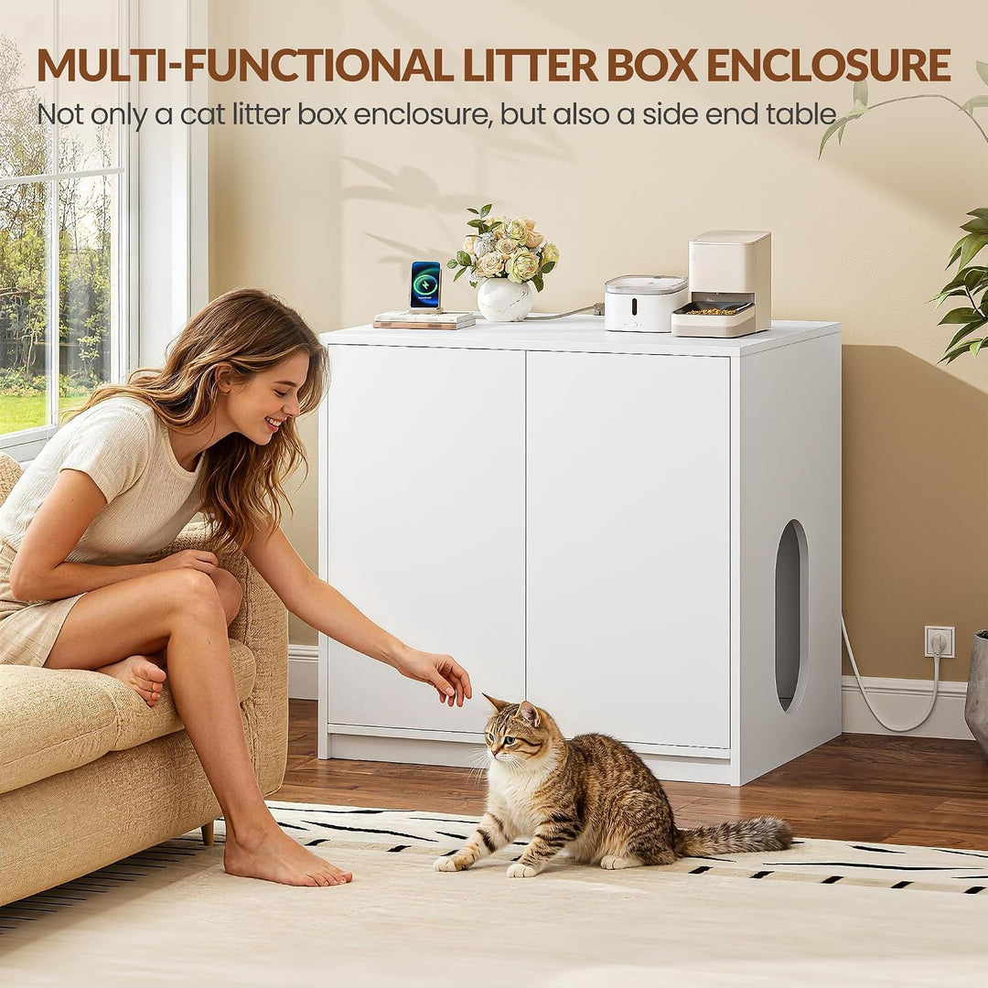 Katzenklo Schrank Versteckt mit Steckdosen, 80 x 60 x 80 cm, Weiss | Katzenschrank Möbel mit USB, fü