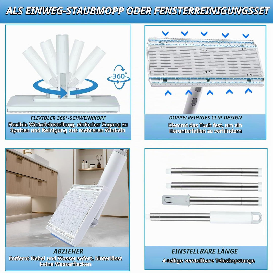 2-in-1 Wischmopp mit Druck-Klemm-System, 1-Knopf Wechsel Snap Grip Mini Mop mit 3 Mikrofasertücher,