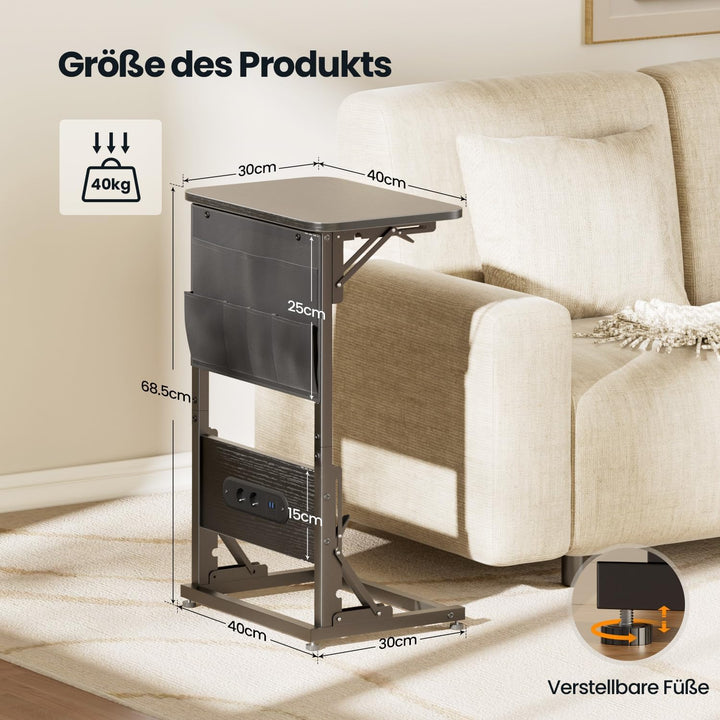 Beistelltisch C Form, Klappbarer Sofatisch mit Steckdosen, Höhenverstellbar Couchtisch mit Metallrah