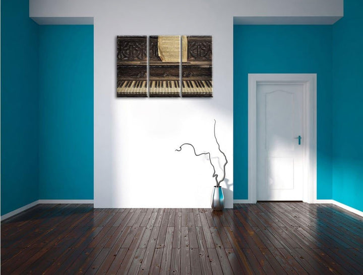 Pixxprint Antikes Klavier mit Notenblatt Bunstift Effekt 3-Teiler Leinwandbild 120x80 Bild auf Leinw