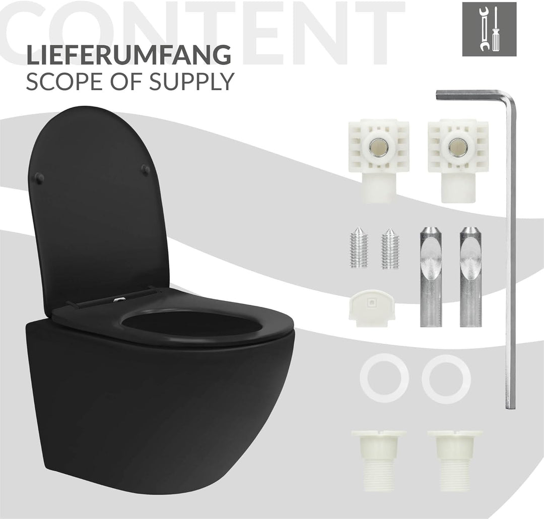 ECD Germany Hänge-WC kurz, spülrandlos, schwarz matt, Wand-WC mit WC-Sitz abnehmbar aus Duroplast So
