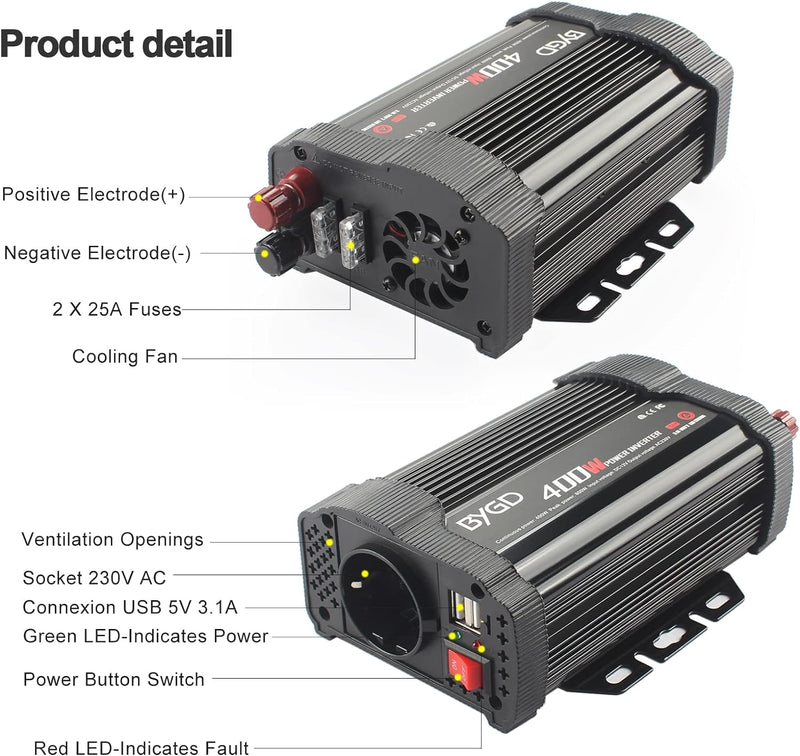 400W Power Wechselrichter Wechselrichter Power Auto Wechselrichter Welle DC 12V auf AC 220V 230V Ada