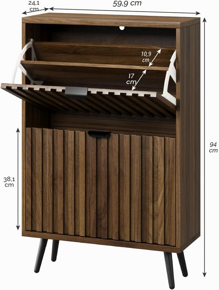 Smuxee Schuhschrank mit 2 Klappschubladen, 23,6 Zoll (60 cm) Nussbaum Holz Schuhschrank mit geriffel