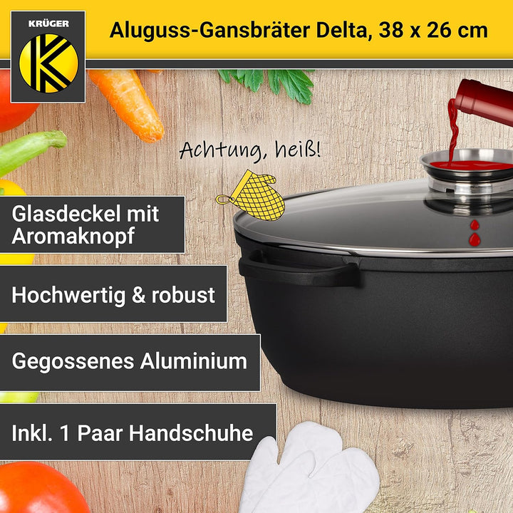 Krüger Aluguss-Bräter - Bräter mit Antihaft-Versiegelung (Aluguss-Gansbräter Delta - mit Induktion (