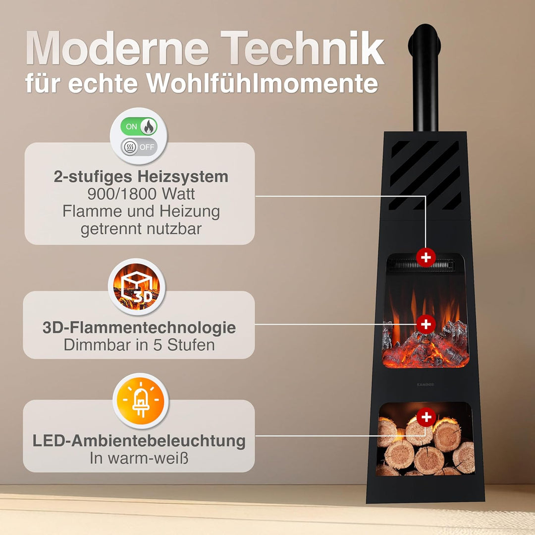 KAMINIO Elektrischer Gartenkamin Kai mit Ofenrohr - Elektro Terrassenofen mit Heizung, 3D-Flammeneff