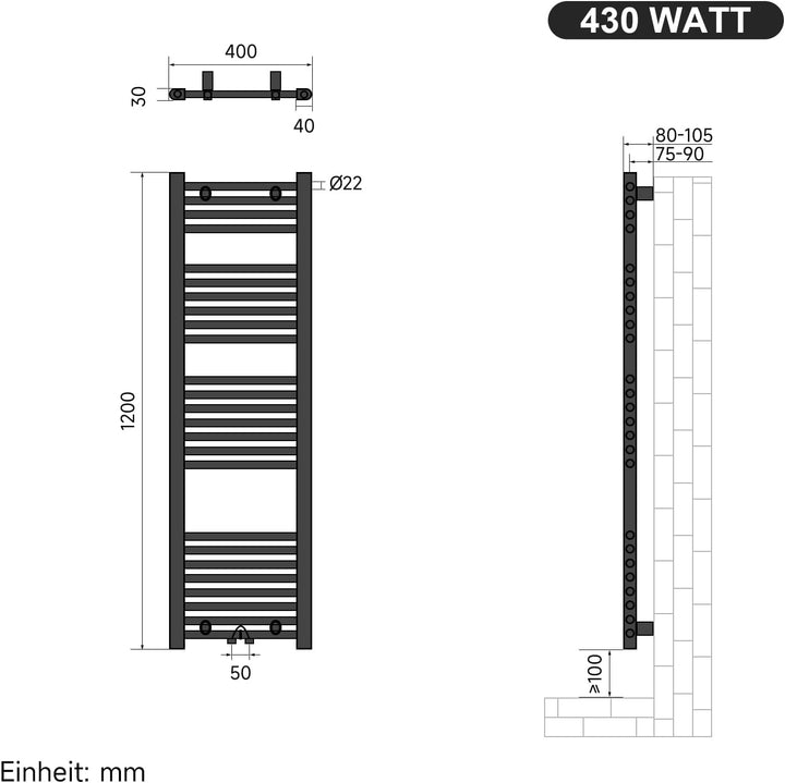 Heizkörper Badheizkörper 1200x400 mm Handtuchheizkörper Mittelanschluss Rundrohr Handtuchwärmer Heiz
