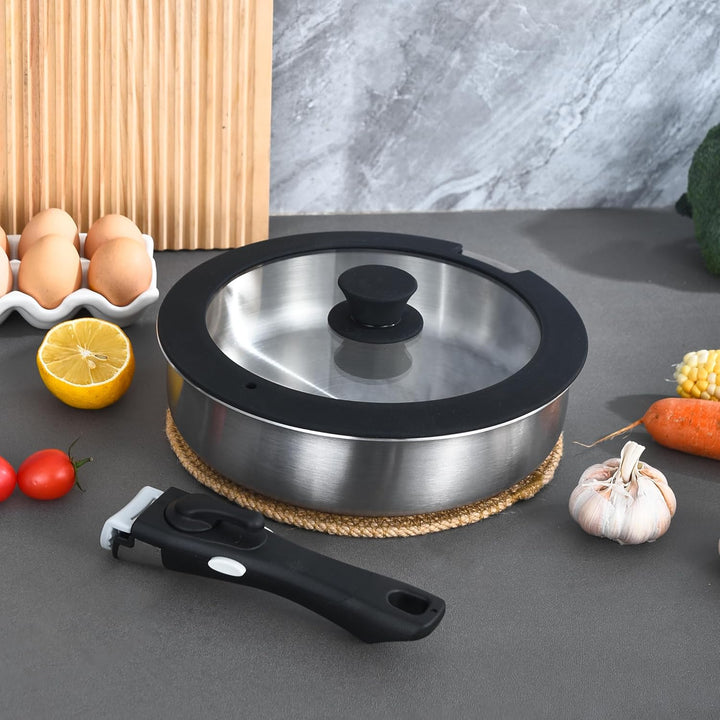 INQIBEE Pfannenset mit Abnehmbarem Griff, Edelstahl, 22+28 cm mit Deckel, Induktionsgeeignet, Stapel