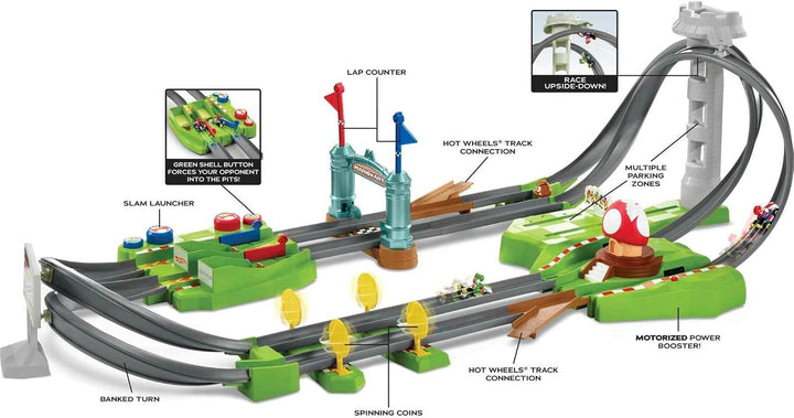 Hot Wheels HFY15 - Mario Kart Mario Rundkurs Rennbahn Trackset Deluxe Inkl. 2 Spielzeugautos, Spielz