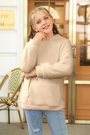Runcati Pullover Mädchen Kapuzenpullover Fuzzy Teddy Fleece Sweatshirts mit Kapuze Taschen Freizeit